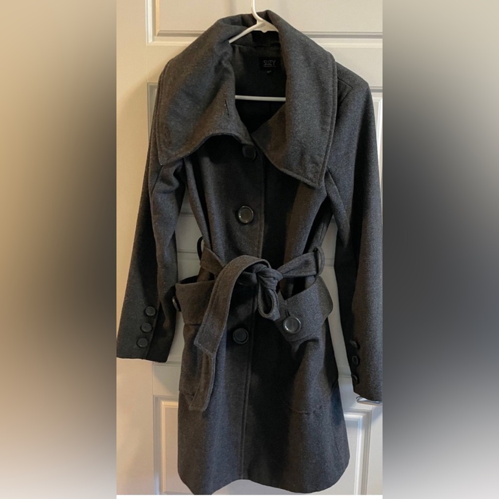SUZY SHIER Charcoal Wool Trench Coat with Belt